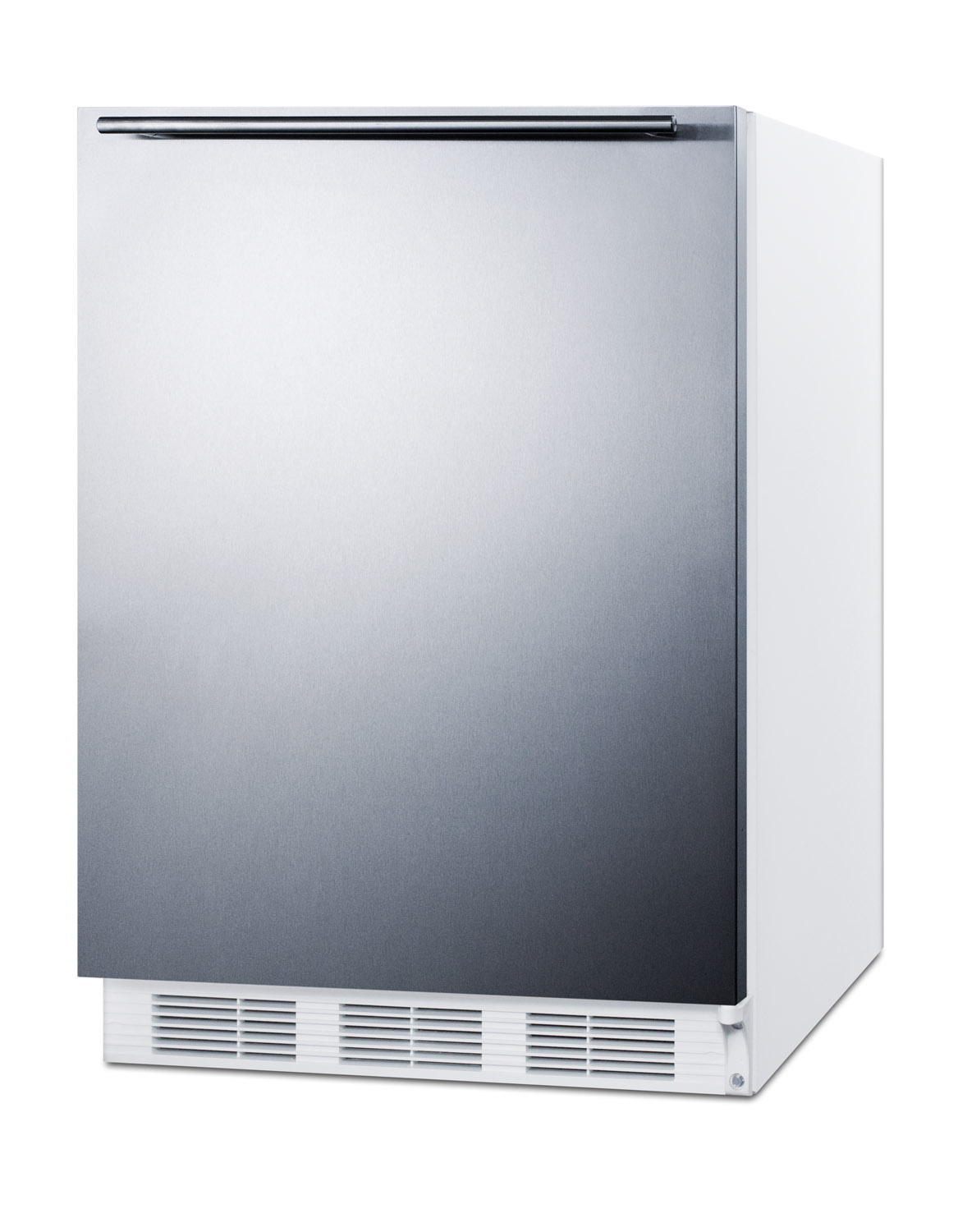ADA compliant built-in undercounter all-refrigerator for residential use, auto defrost with stainless steel wrapped door, horizontal handle, and white cabinet